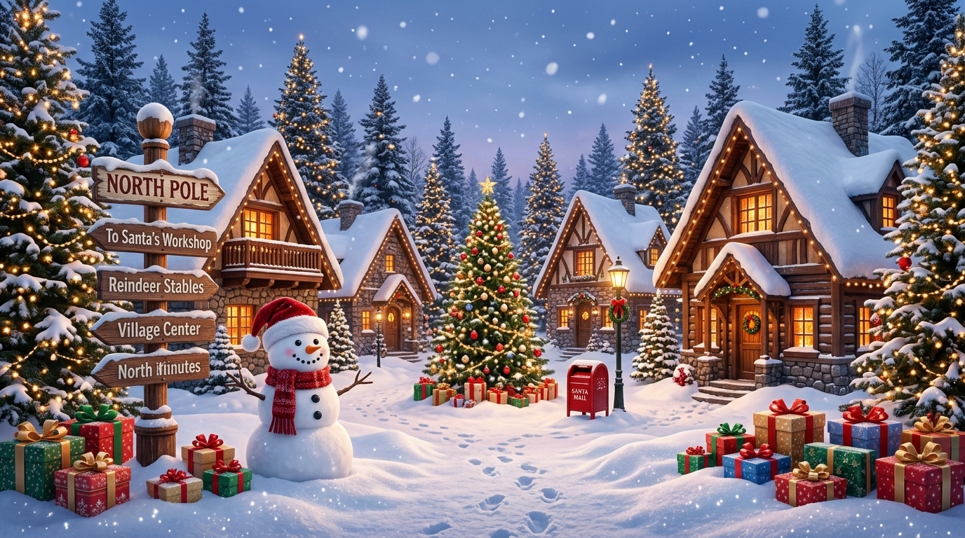 Snowy Christmas village with a decorated tree, snowman and presents